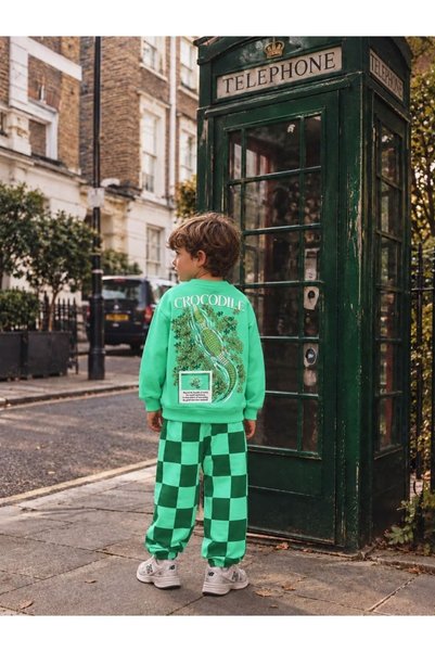 Patriko Boys' 3-Thread Cotton Crocodile Print Sweatshirt Checked Pants Set