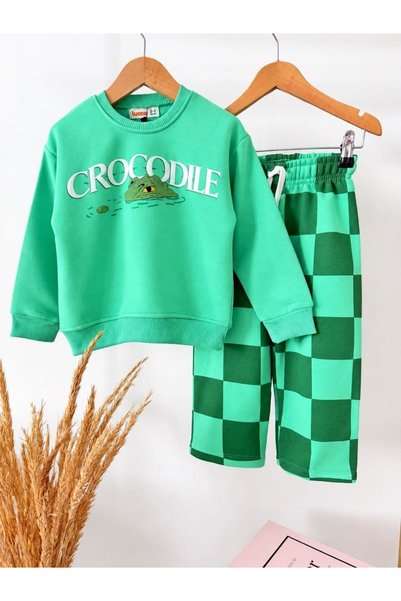 Patriko Boys' 3-Thread Cotton Crocodile Print Sweatshirt Checked Pants Set