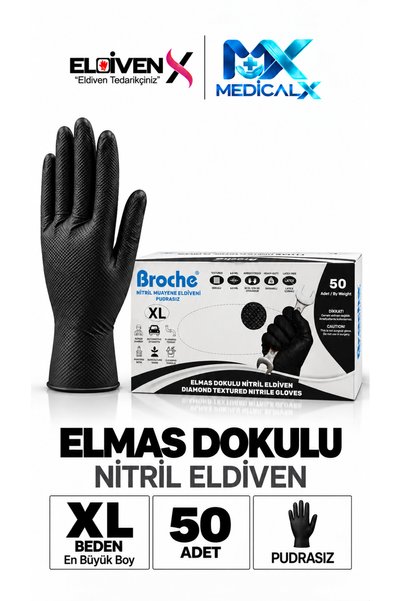 Medicalx Broche Elmas Dokulu Nitril Pudrasız Muayene Eldiveni 50’lik Kutu (X-Large/En Büyük Boy)