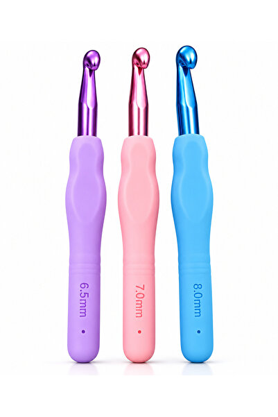 seymatabur Ergonomik Silikon Saplı Örgü Tığ Seti 3’lü – 6.5 mm 7 mm 8 mm Kalın Numaralar, Renkli Metal Uçlu