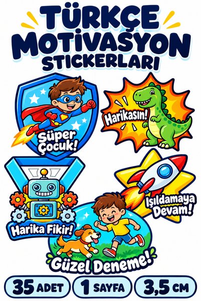 ca kay bu Türkçe Motivasyon ve Ödül Sticker Seti 35 Adet 3,5 cm – Çocuk ve Öğrenci İçin 1 Sayfa