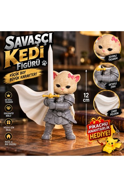 Kılıçlı Zırhlı Kedi Figürü – Savaşçı Kedi Biblo