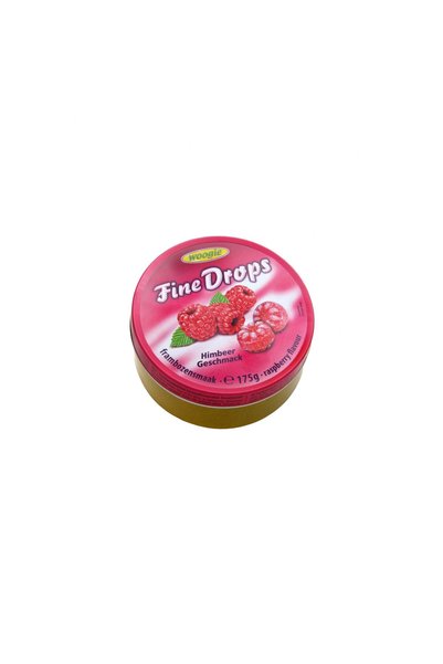 Woogie Picături fine, cutie metalică, 175 g, aromă de zmeură
