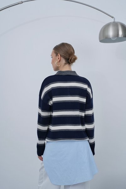 ZS Zey Studio Women's Navy Blue Gray Striped Polo Collar Sweater