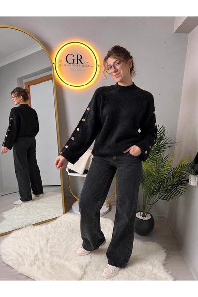 GK LUXURY & FASHION Women's Gold Button Detailed Soft Sweater Turtleneck Over...