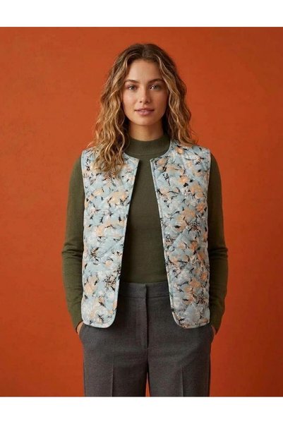 SAINT TROPEZ Vestă damă matlasată bleu cu imprimeu floral, fără mâneci, elega...