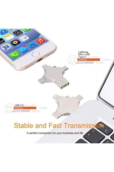 Flash Drive 256GB 4 in 1 OTG USB A USB C Micro USB and iPhone Connector