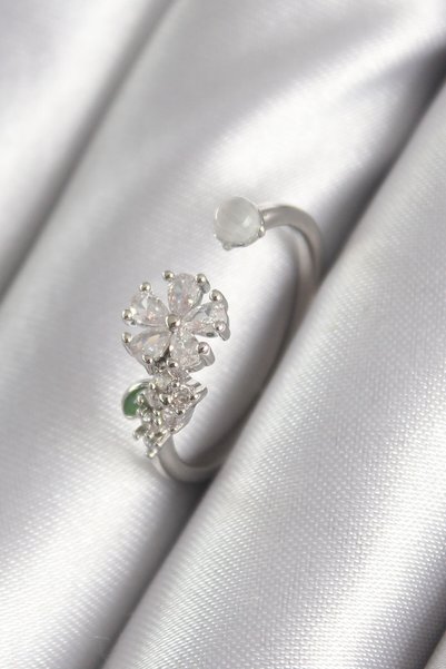 Angel Of Life Brass Silver Color Zircon Stone Flower Model Women's Ring