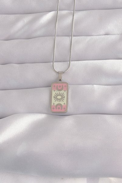 Angel Of Life 316L Steel Silver Color Pink Enamel Moon Figure Tarot Necklace