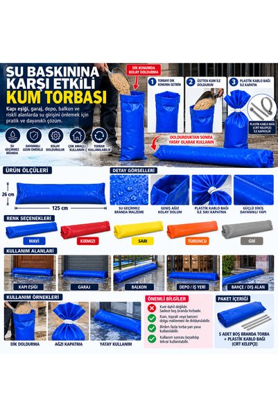 E-MAG SHOOPİNG 5 Adet Su Baskını Önleyici Branda Kum Torbası 125x26 cm Üstten Dolumlu Boş Su Bariyeri