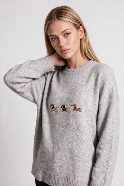 Lovelyİstanbul Embroidered Oversize Knit Sweater Lyy0149 Gray