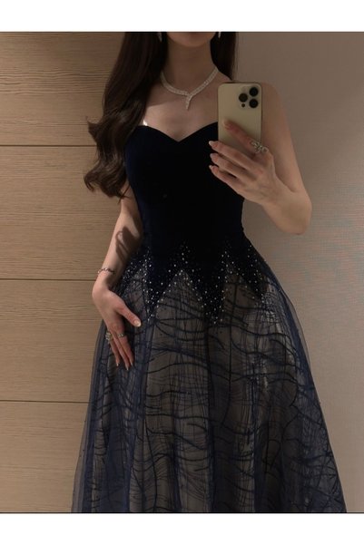 Oliver Navy Blue Fluffy Velvet Evening Dress Patterned Tulle Skirt Princess Dress