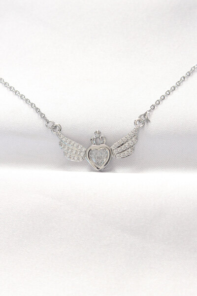 Angel Of Life 316L Steel Silver Color Zircon Stone Heart Wing Necklace