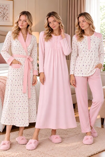Mecit Pijama Mecit 6415 Pink Women's Plus Size Dressing Gown Pajamas Nightgown Set