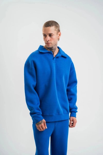 Marche Bien Men's Open Collar Oversize 3 Thread Cotton Sweatshirt - Blue
