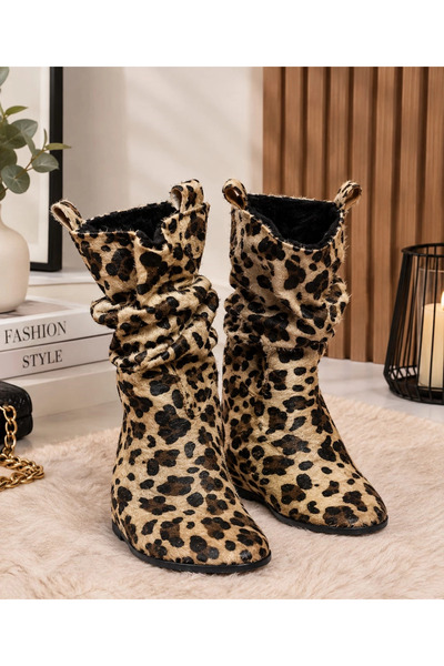 Tibu Ayakkabı Leopard Hidden Wedge Heel Boots