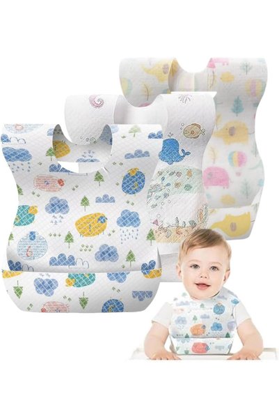 urevo Disposable Baby Bibs 100 Pieces, Portable Waterproof Bib with Crumb Cat...