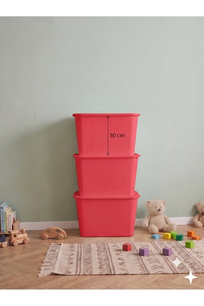 decosense 3 Pieces Ultra Large 24 Liter 40X30X30 cm Polypropylene Plastic Organizer with Red Lid - 3-Piece Toy Box and Storage Basket
