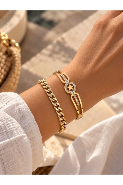 Adata Jewelry سوار نسائي من الفولاذ مكون من قطعتين / سوار سلسلة مطوية باللون ...