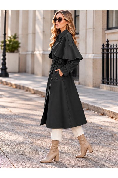 SERAPA Women's Hijab-Friendly Lined Long Wide Fit Trench Coat with Detachable Cape Belted Water Repellent Micro Fabric