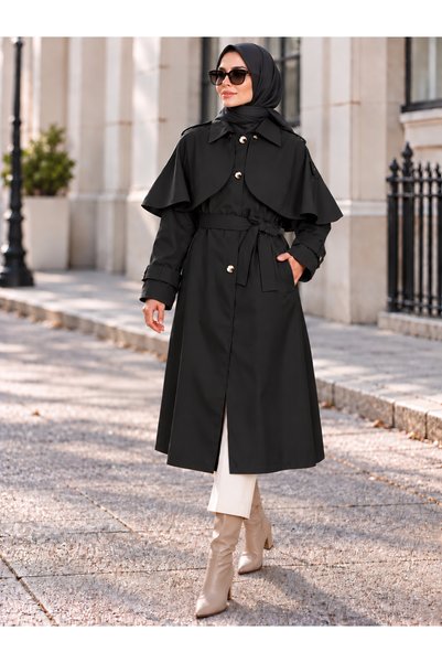 SERAPA Women's Hijab-Friendly Lined Long Wide Fit Trench Coat with Detachable Cape Belted Water Repellent Micro Fabric