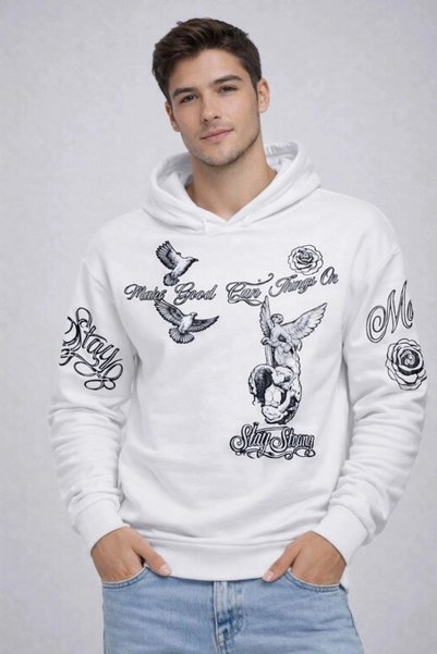 Marche Bien Marchè Bien Men's 3 Thread Cotton Hooded Printed Sweatshirt Hoodi...