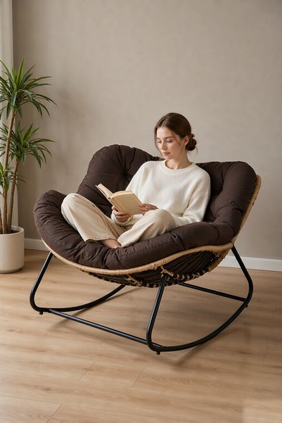 Aralifes Papasan Rocking Chair with Cushion, Brown Rattan Egg Rocker for Livi...