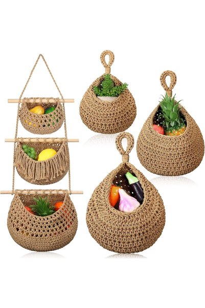 Generic Brand Three-Tier Hanging Basket, Cotton Vegetable Basket, Braided Sto...