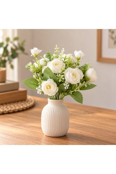 TEMA AJANS SÜS Yapay Garnitürlü Mini Gül Buketi Beyaz 28 cm 5 Dallı