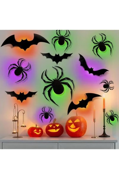 GGEROU 30 Pack Halloween Bats Wall Decor – Lighted 3D Bat Stickers with Spide...