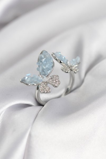 Angel Of Life Silver Color Blue Butterfly Model Zircon Stone Women's Ring