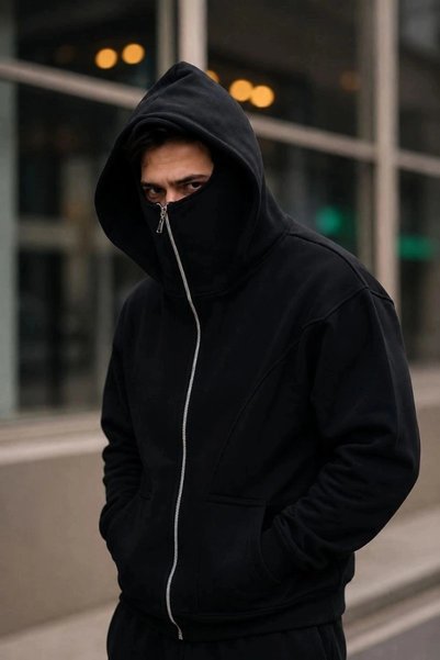 Marche Bien Men's Masked Ninja Model Double Hooded 3 Thread Raster Zipper Swe...