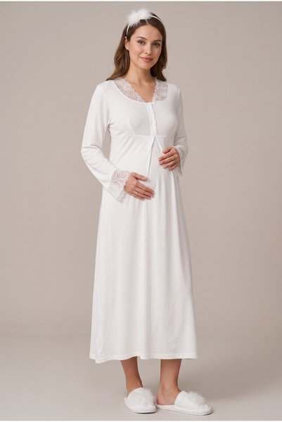 LOHOUSE Women's Ecru Lace Long Sleeve Maternity Nightgown Set for Easy Breastfeeding