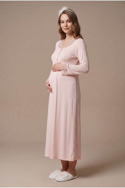 LOHOUSE Women's Powder Lace Long Sleeve Maternity Nightgown Set for Easy Breastfeeding