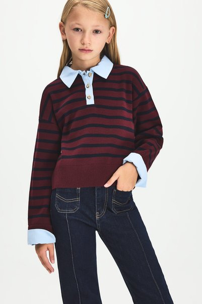 DeFacto Pulover Oxford cu dungi, cu guler polo, croială relaxată, pentru fete...