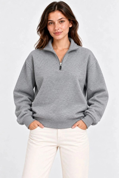 Marche Bien Women's Three-Thread Ribbed High Collar Half-Zip Winter Sweatshir...