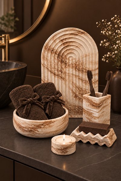 betonmall 5 Piece Marble Patterned Concrete Bathroom Set Solid Soap Dish Towe...