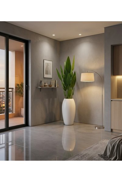 ks kastasaksı Vasso polyester 30x70 beyaz modern dekoratif büyük vazo saksi