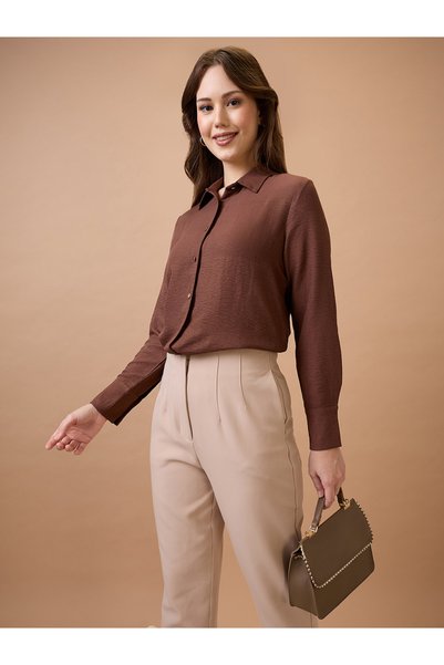 Globus By Styli Brown Long Sleeve Button-Up Top