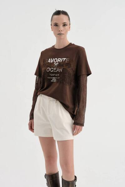tw3 Tricou de damă cu mânecă lungă, cu dantelă și imprimeu, cu decolteu tip crewneck