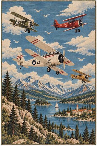 Rugs Modern Halı Eta Airplane Figured Sky Pattern Woven Base Carpet Eta4385