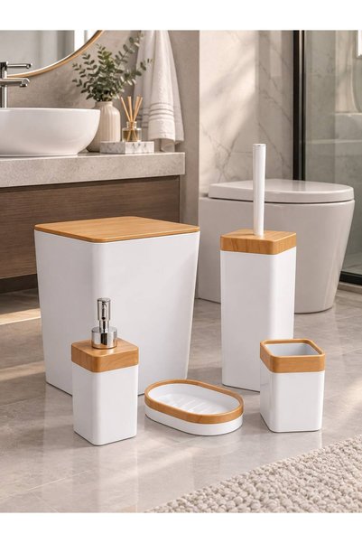 Bako plastic Beyaz Ahşap 5li Banyo Seti Tuvalet Fırçalığı Çöp Kovası , Sıvı,K...
