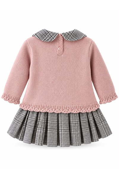 miss topkids Kız Çocuk Bebek Ayıcık Nakışlı Pembe Triko Ekose Etekli Elbise