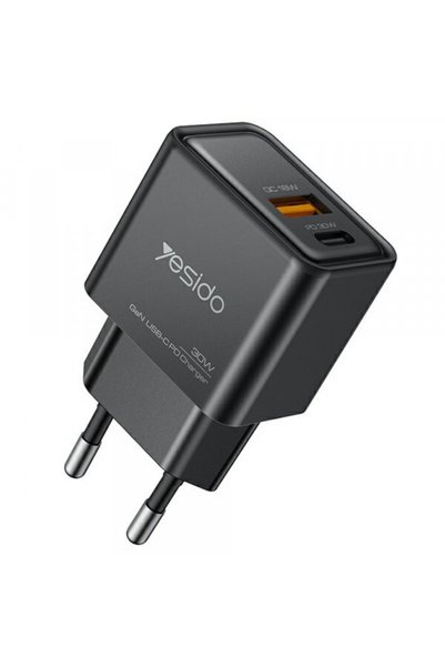 Yesido YC64 Power Adapter, 30W, 3A, 1 x USB-A - 1 x USB-C, Black