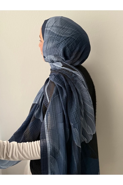 Hepsi Moda Flower Pattern Muslin Shawl - Dark Navy Blue