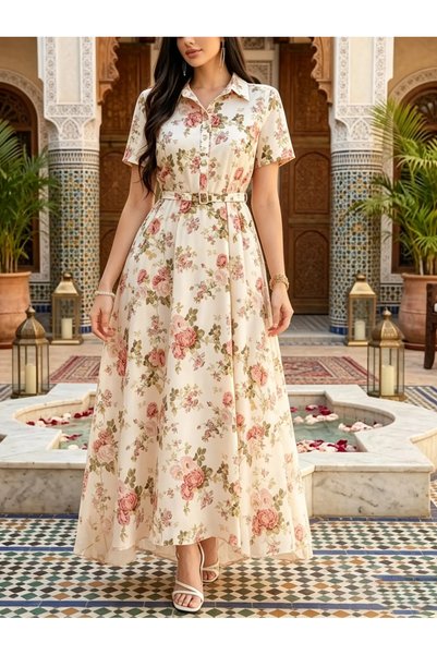 Take Two By Styli Beige All Over Floral Print Maxi Dress with Belt
