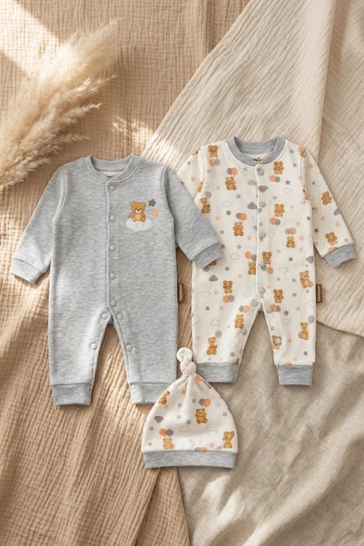 ANP MODA TASARIM Bear 3-Piece Baby Romper and Beanie Set - 100% Cotton, Newbo...