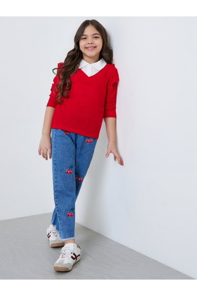 Styli Girls Red Mock Layered Sweater and Embroidered Cherry Jeans Set