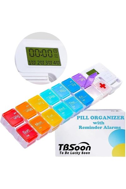 TBSoon منظم أدوية لمدة 7 أيام، 4 منبهات تذكيرية، صوت عالٍ، 14 حجرة كبيرة، شاش...