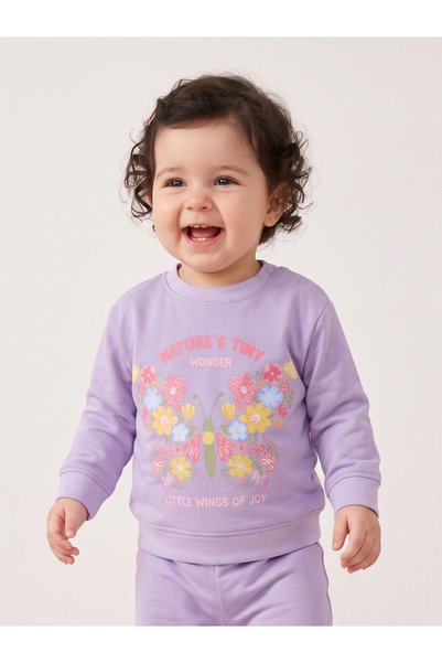 Styli Baby Girls Lilac Butterfly Sweatshirt with Shoulder Snap